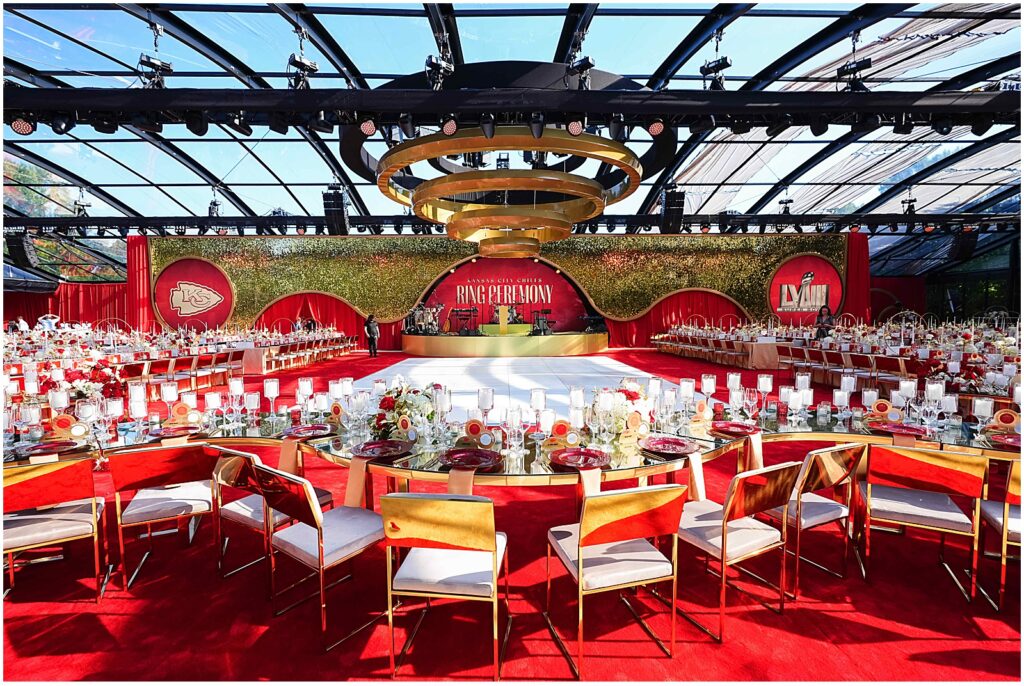 A red and gold table-scape for an event for the Kansas City Chiefs, taken by corporate event photographer Kyle Rivas Media